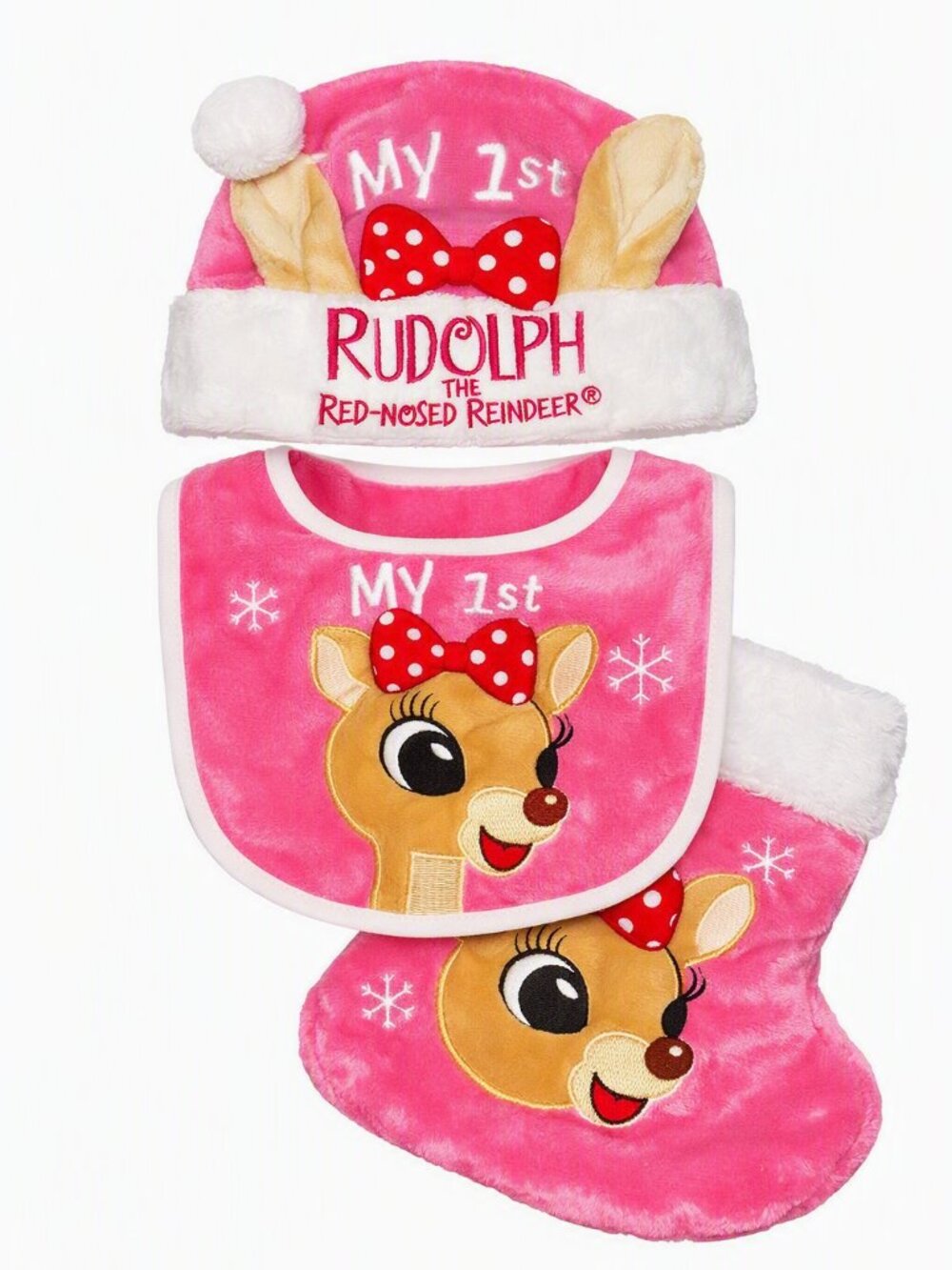 Rudolph Red-Nosed Reindeer Clarice My 1st Christmas Baby Set Hat Bib Stocking